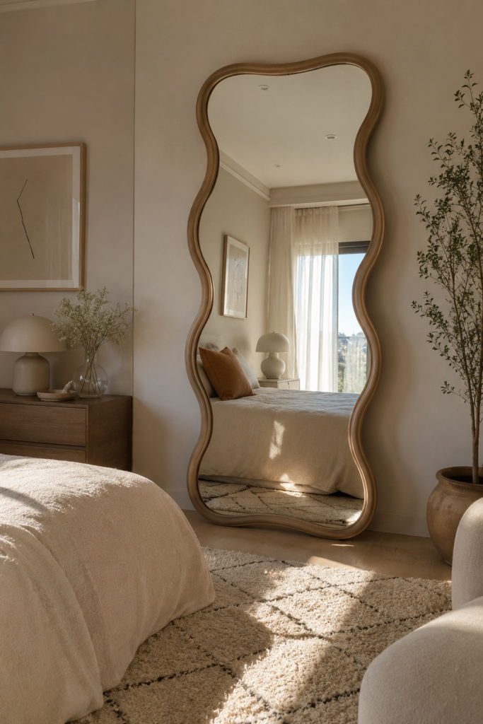 1. Make a Wavy Floor Mirror the Bedroom Focal Point