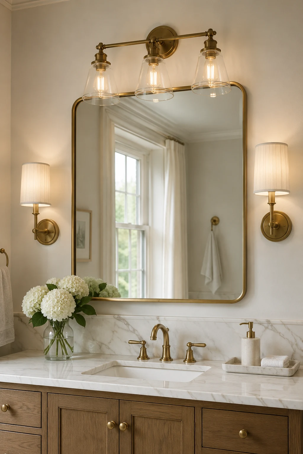Warm Brass Fixtures for Timeless Character — above mirror bathroom lighting