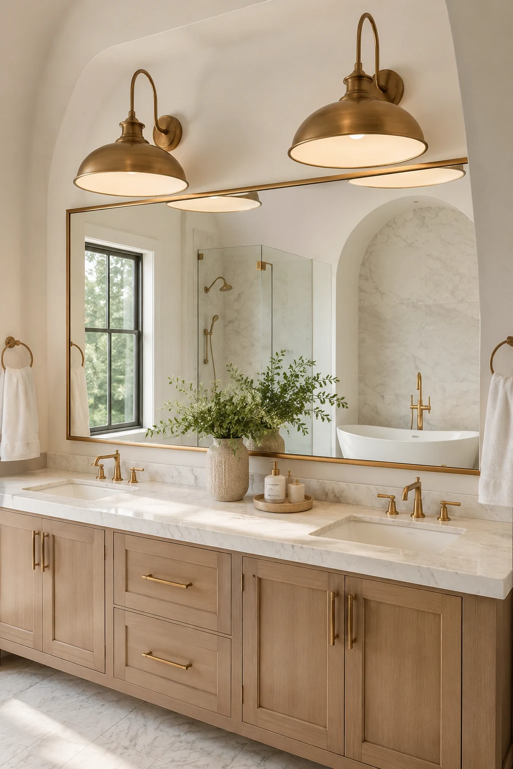 Choose Oversized Fixtures Above Large Mirrors — above mirror bathroom lighting