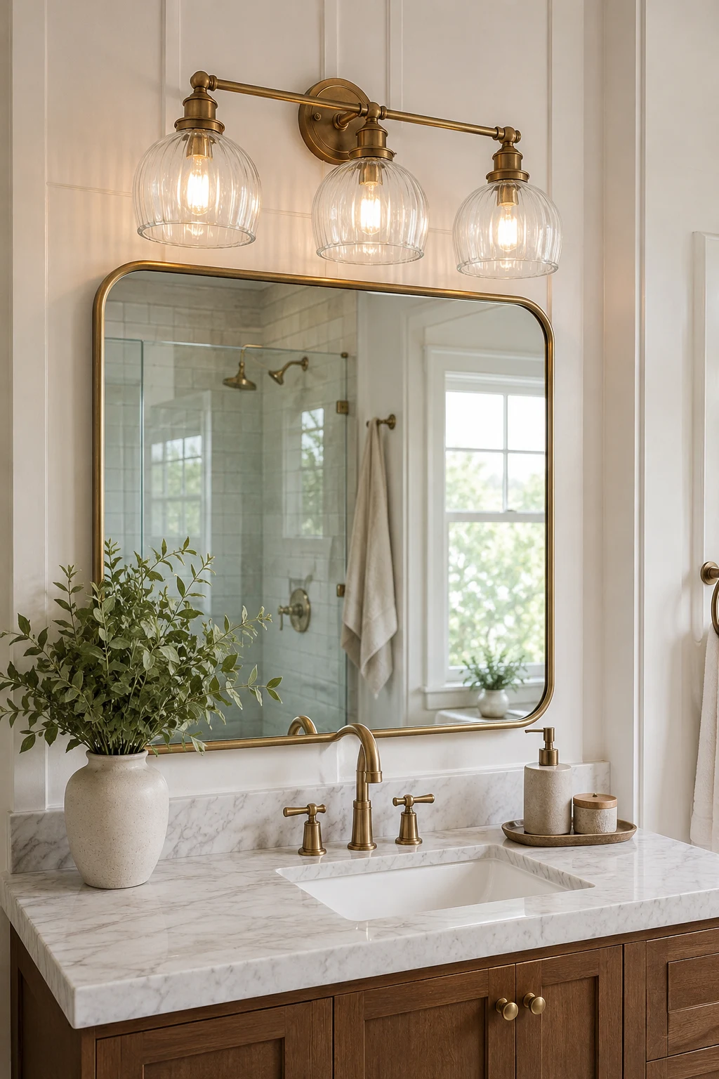 Add Vintage Charm with Glass Shade Fixtures — above mirror bathroom lighting