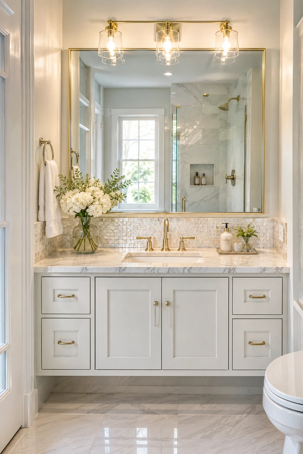 Brighten Small Bathrooms with Reflective Finishes — above mirror bathroom lighting