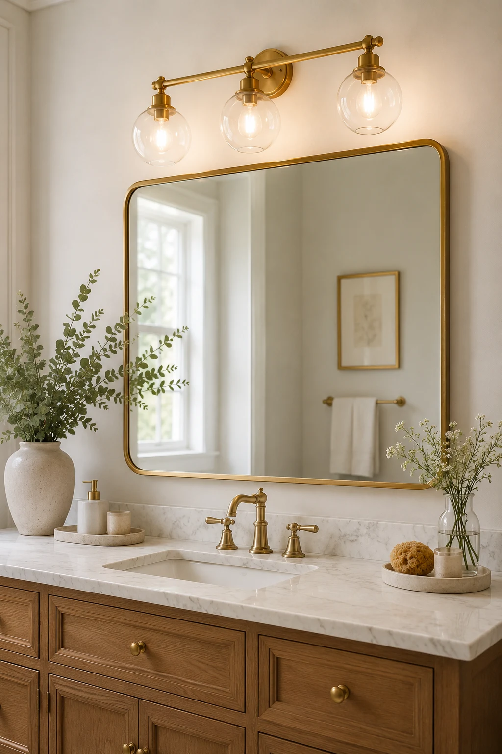Add Warm Brass Fixtures for Timeless Bathroom Lighting Over Mirror — bathroom lighting over mirror