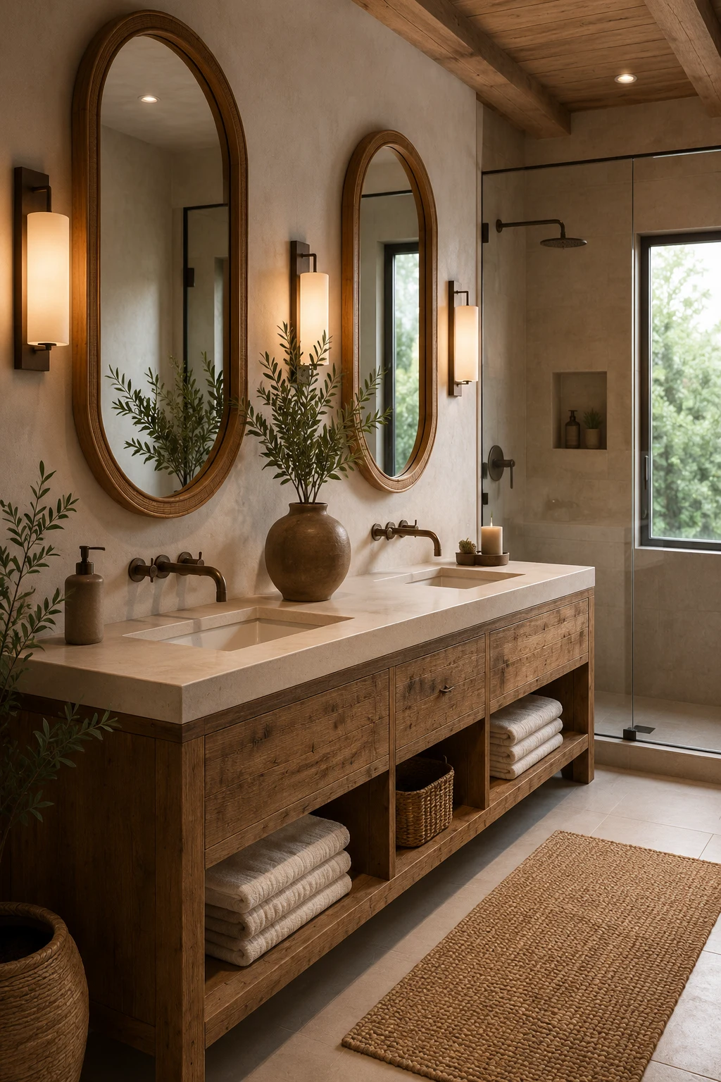 Mix Natural Wood Mirrors with Warm Lighting — bathroom mirror and lighting ideas