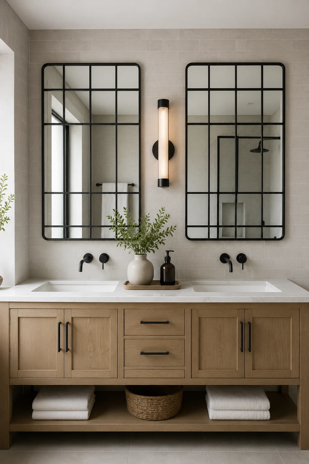 Add Texture with Black Metal Grid Mirrors — bathroom mirror design