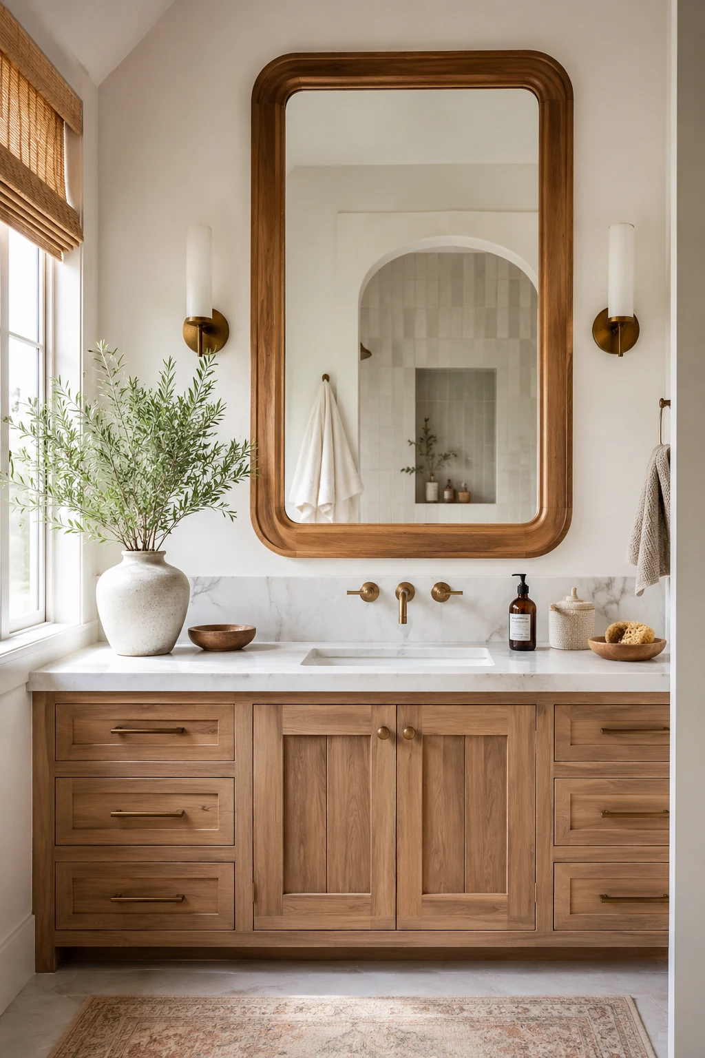 Add Warm Wood Frames for Organic Style β bathroom vanity mirror