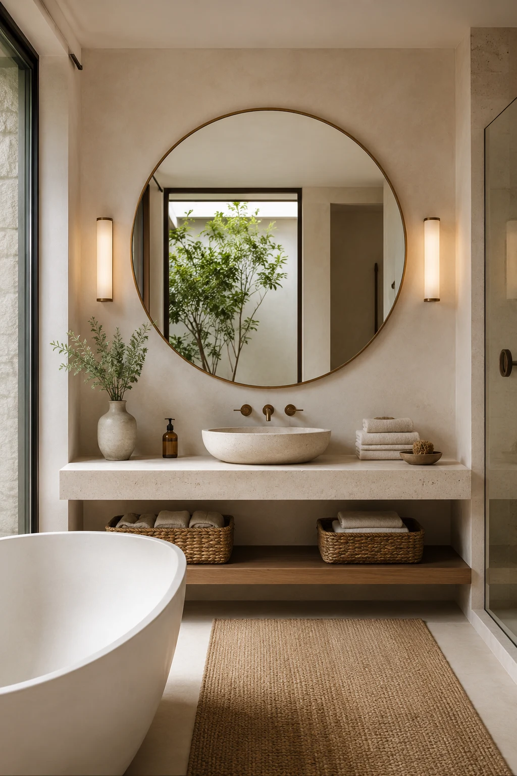 Create a Spa-Inspired Bathroom Feature — big circle mirror