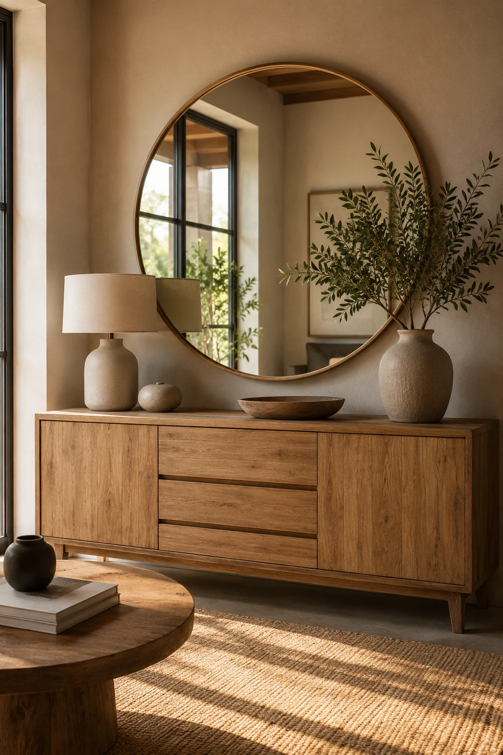 Pair a Big Circle Mirror with Natural Wood Furniture — big circle mirror