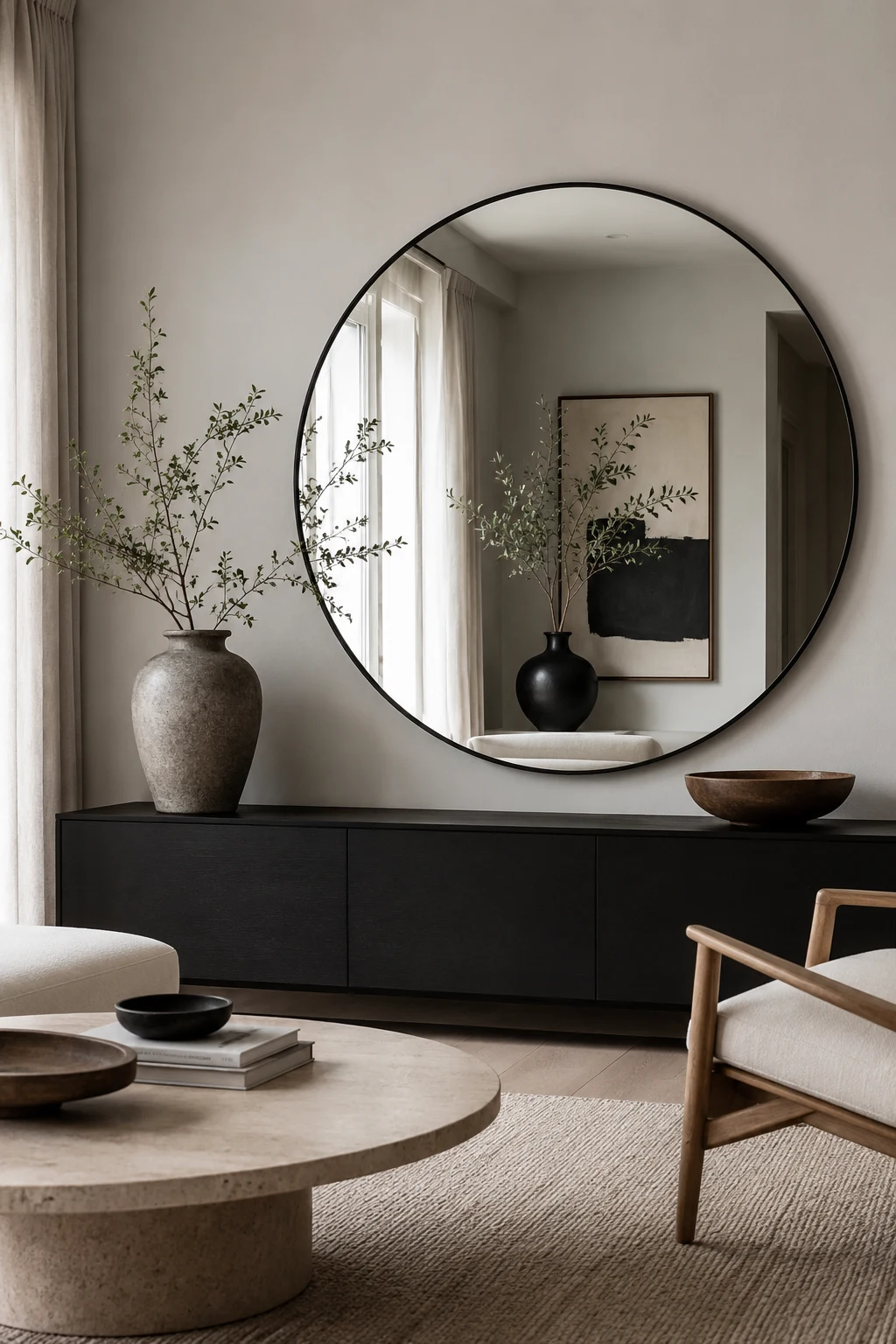 Choose a Thin Black Frame for Modern Interiors — big circle mirror
