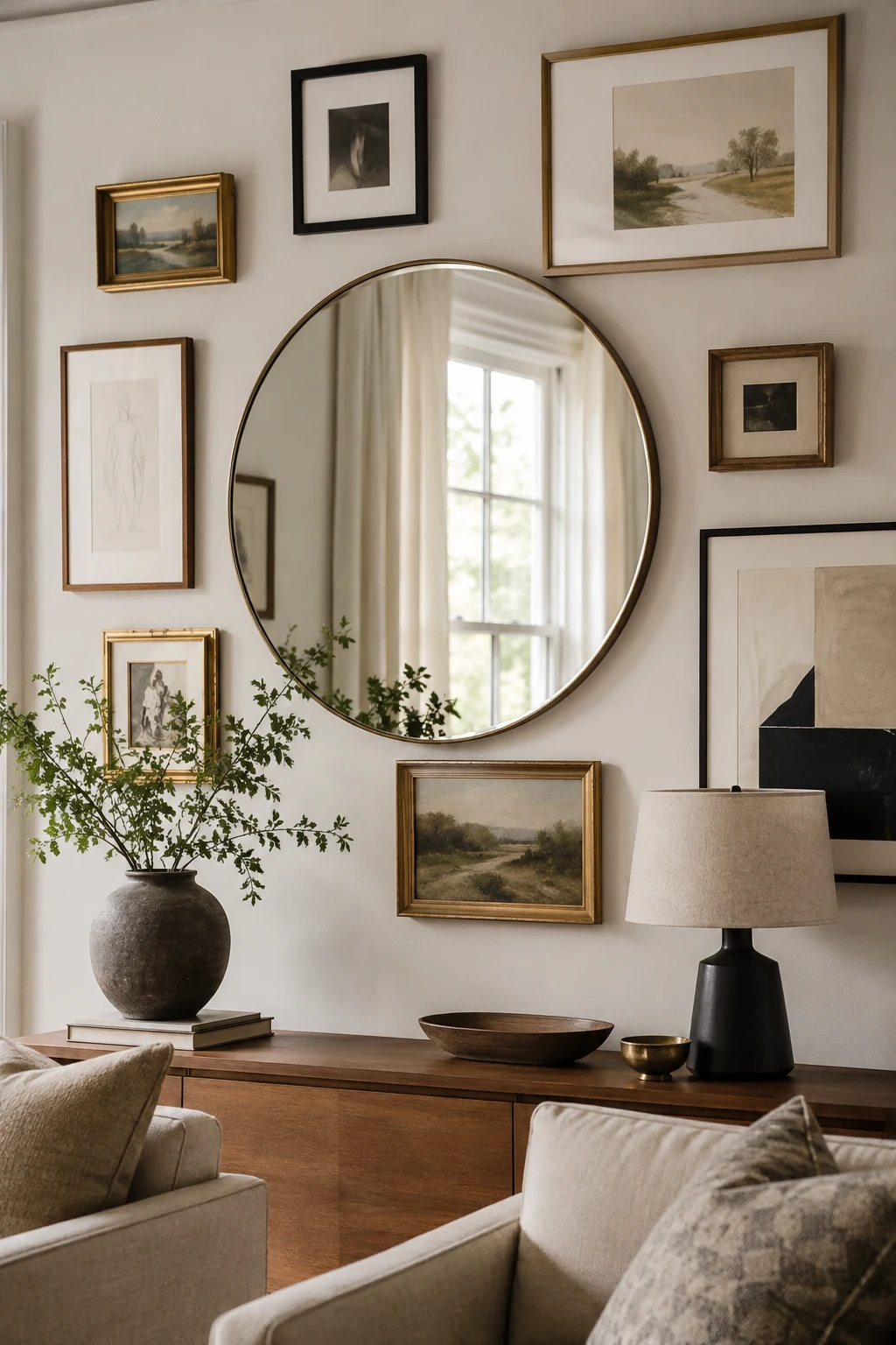 Layer a Big Circle Mirror into a Gallery Wall — big circle mirror