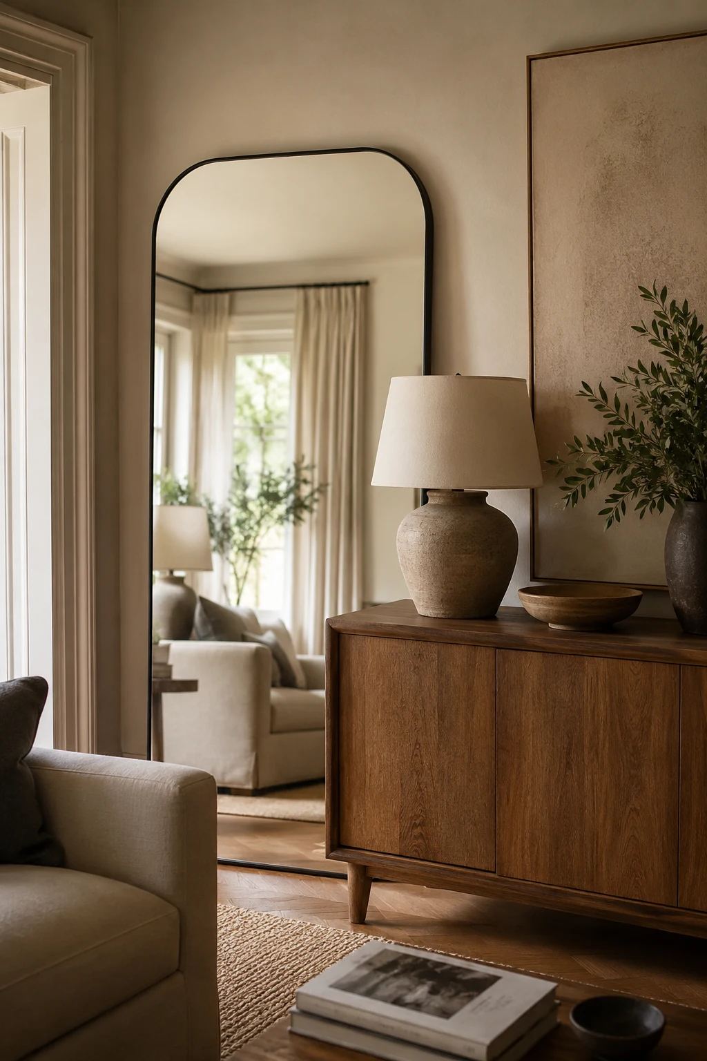 Layer a Big Floor Mirror Behind Furniture — big floor mirror