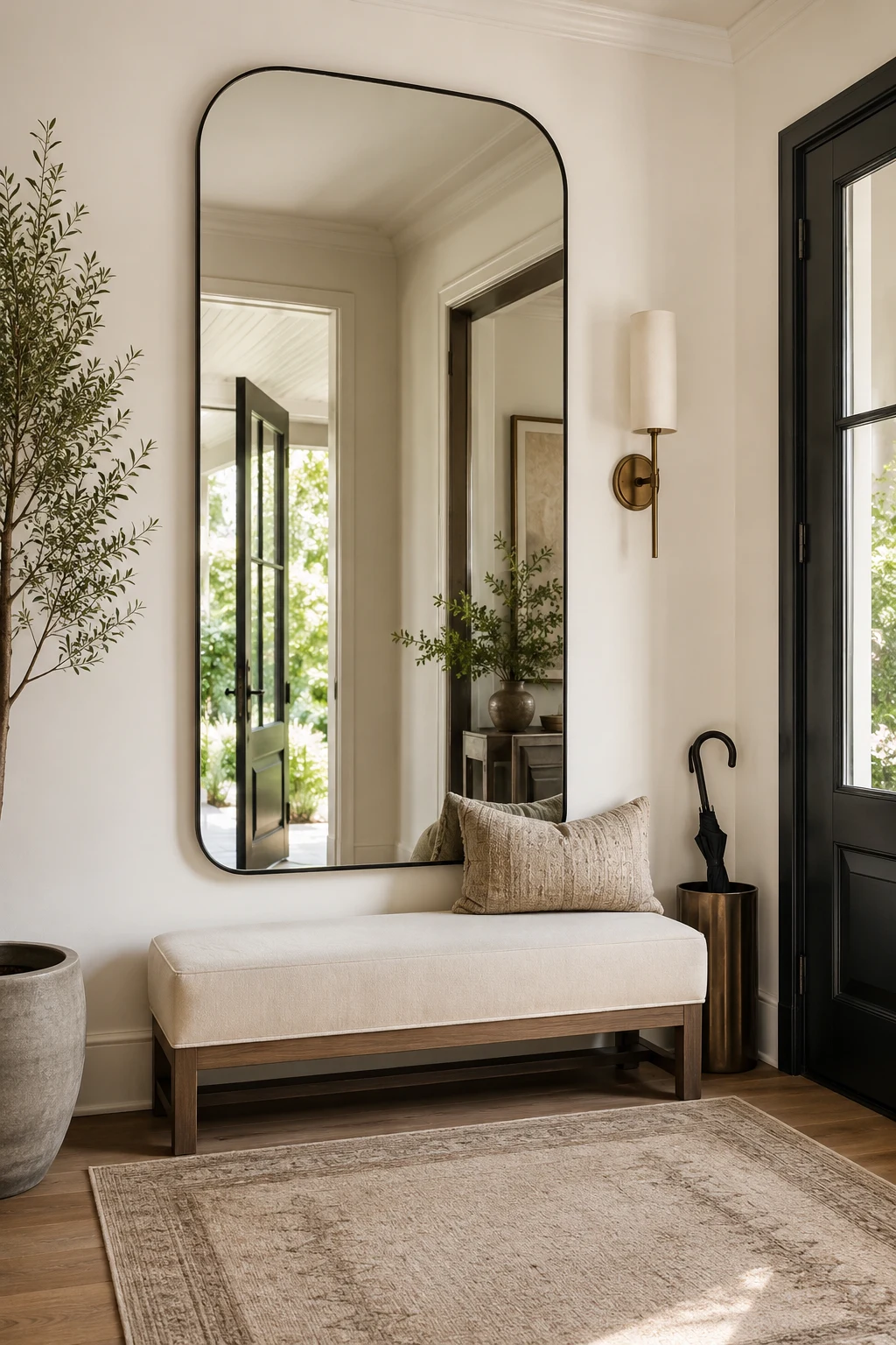 Add a Bench Beneath the Mirror for Everyday Convenience — big mirror entryway