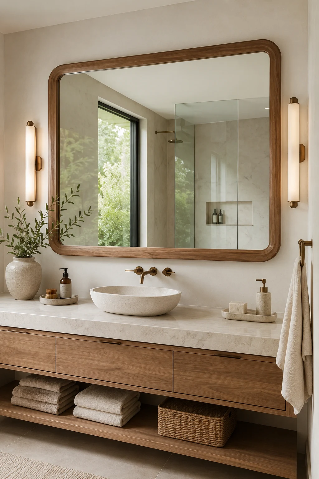 Frame Your Big Mirror in Bathroom Design with Warm Wood — big mirror in bathroom