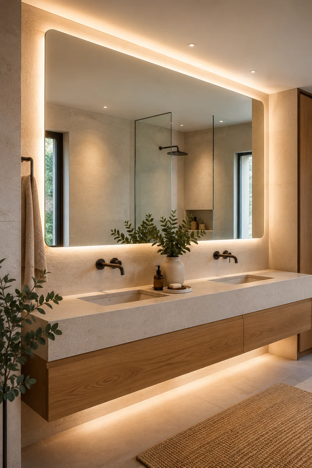 Add LED Lighting Around a Big Mirror in Bathroom Layouts — big mirror in bathroom