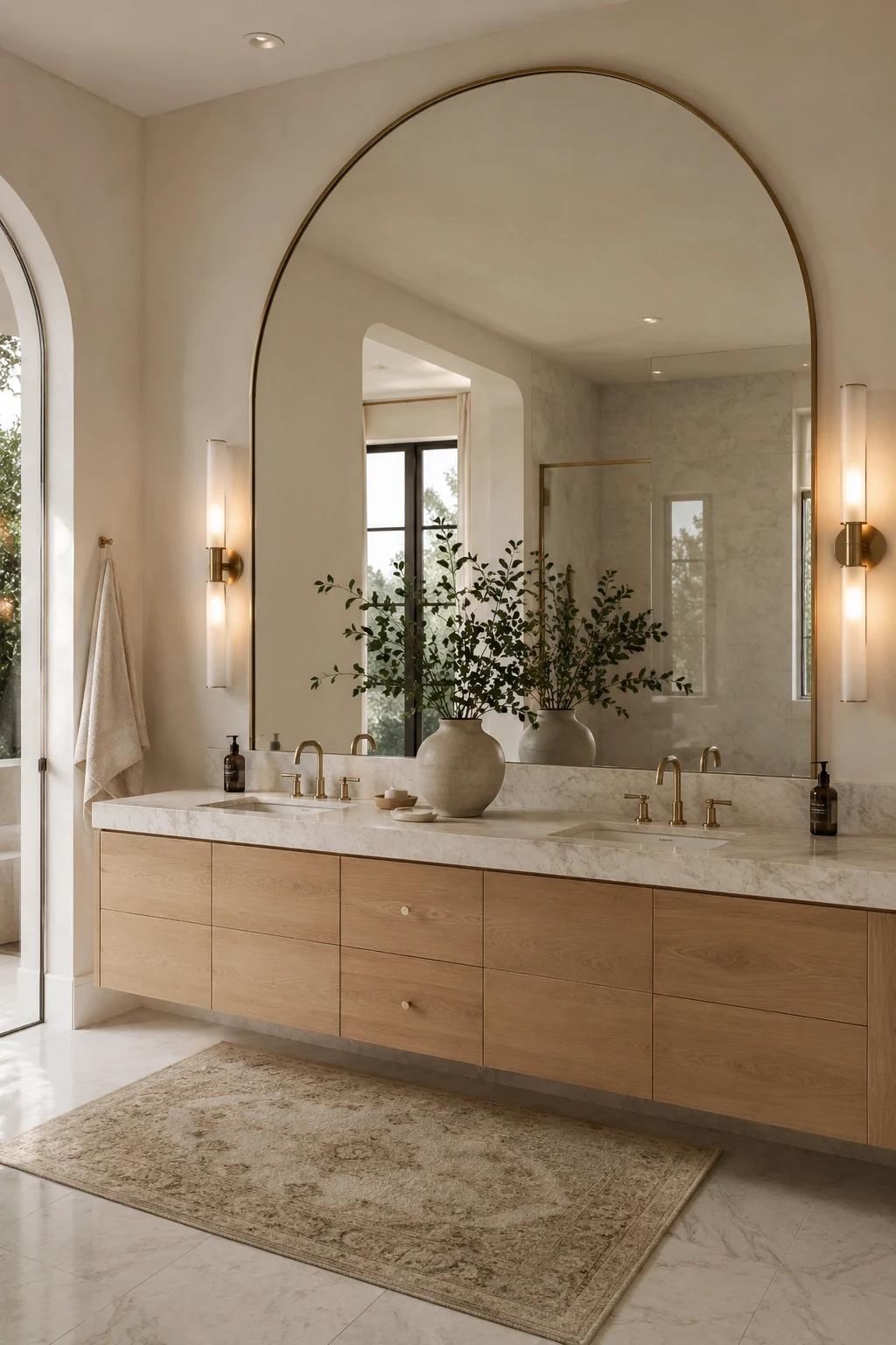 Choose an Oversized Arched Mirror for Softer Lines — big mirror in bathroom