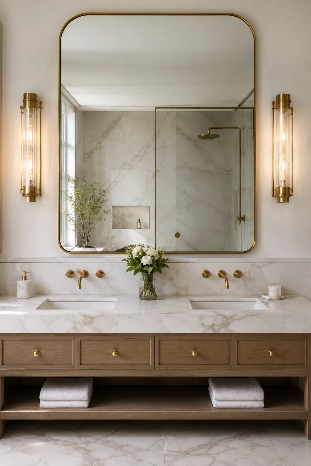 Elevate Luxury with Brass and Marble Details — big mirror in bathroom