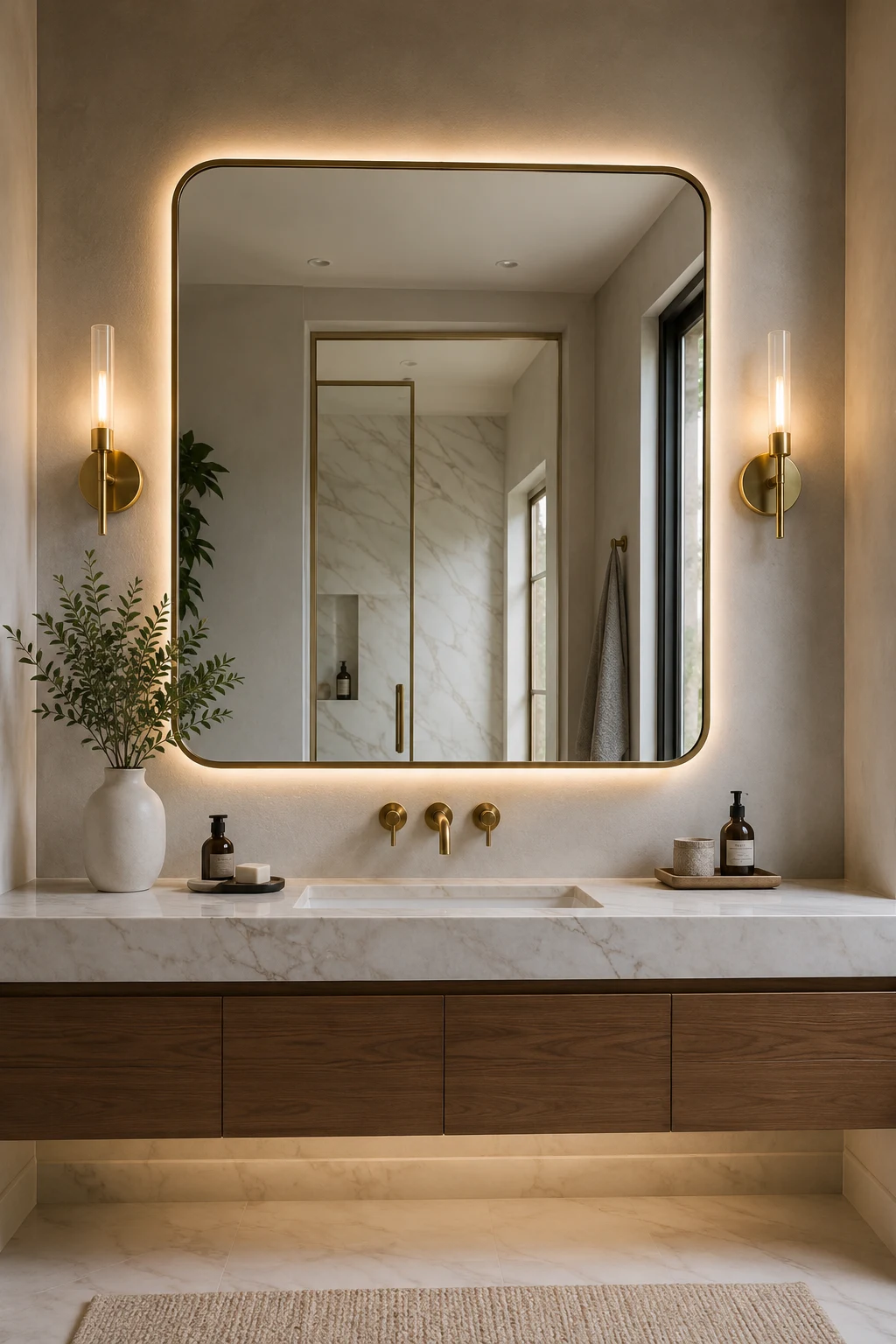 Layer Decorative Lighting Around the Mirror — big mirror in bathroom