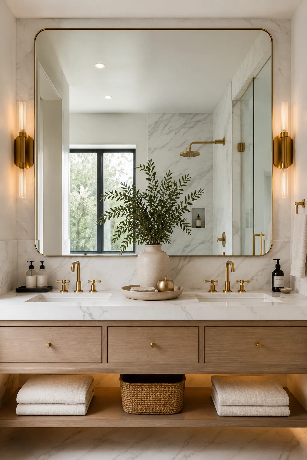 Style the Vanity Area with Purposeful Accessories — big mirror in bathroom