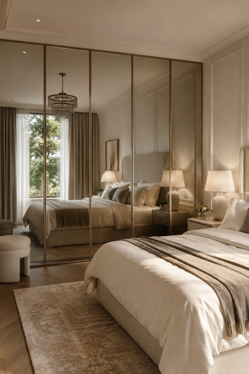 Install Floor-to-Ceiling Mirror Panels for Maximum Impact — big mirror in bedroom