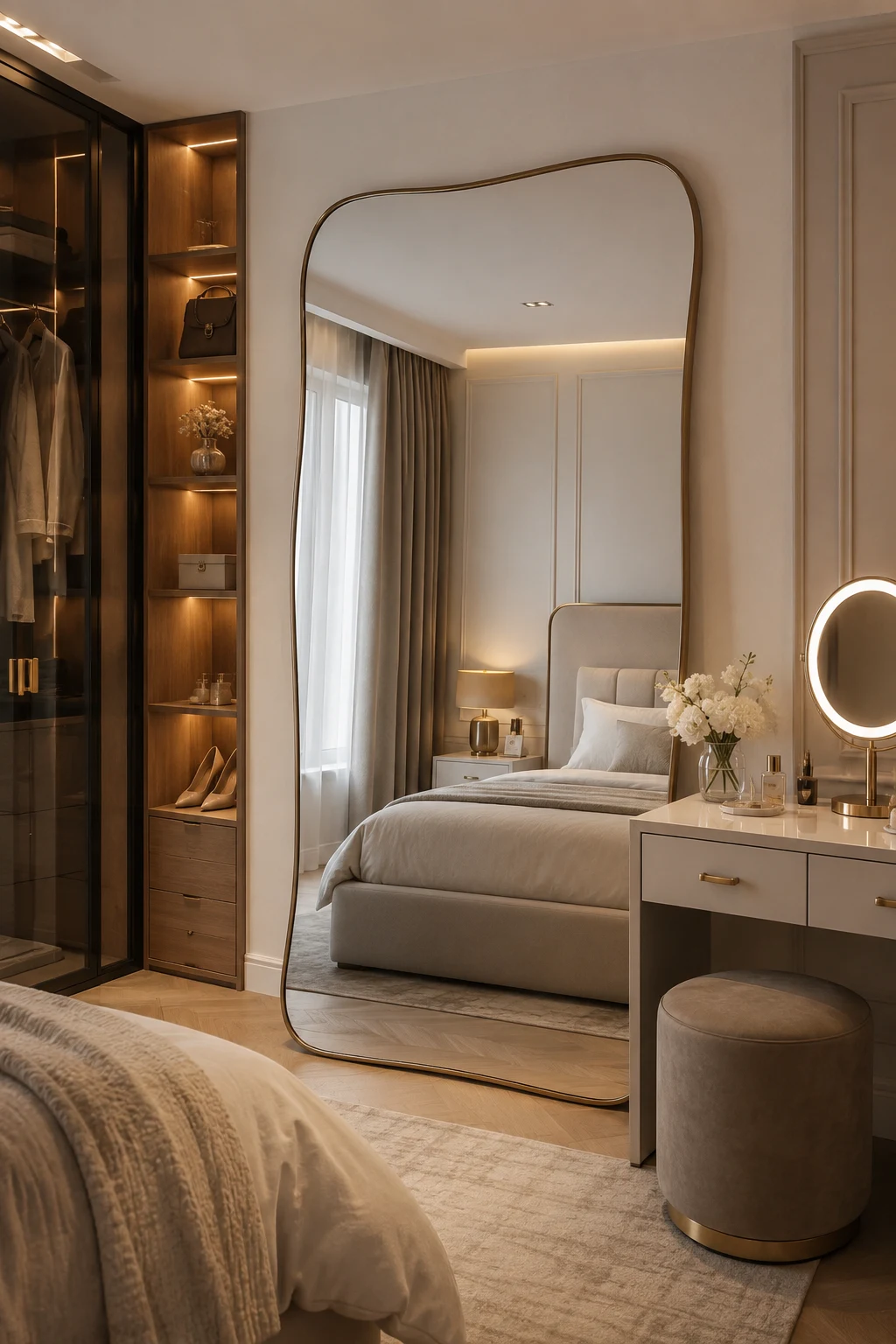 Build a Stylish Dressing Zone Around a Big Mirror in Bedroom — big mirror in bedroom