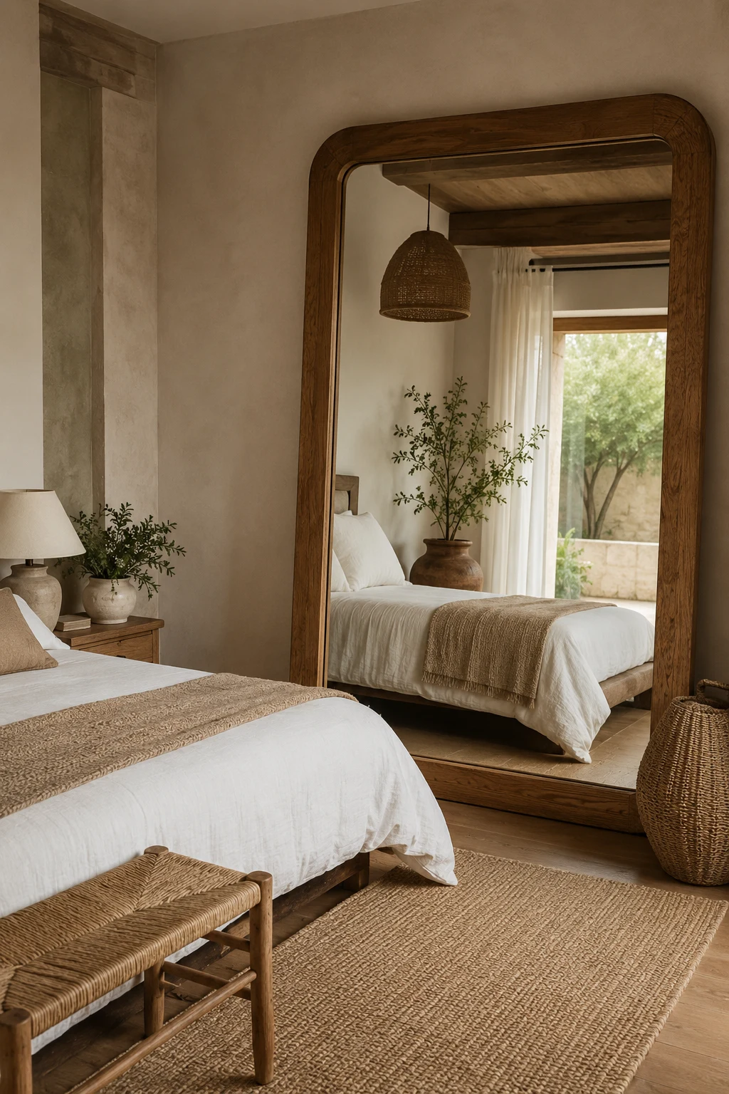 Pair Natural Materials with an Oversized Mirror — big mirror in bedroom