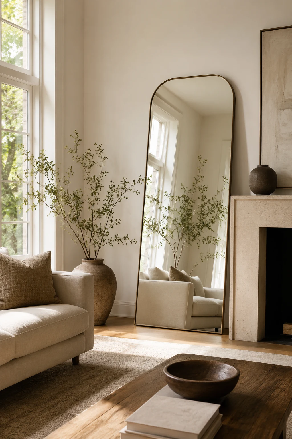 Lean a Full-Length Mirror for Relaxed Style — big mirror in living room