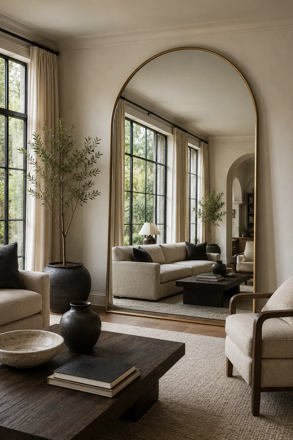 Choose an Oversized Arched Mirror for Timeless Elegance — big mirror in living room
