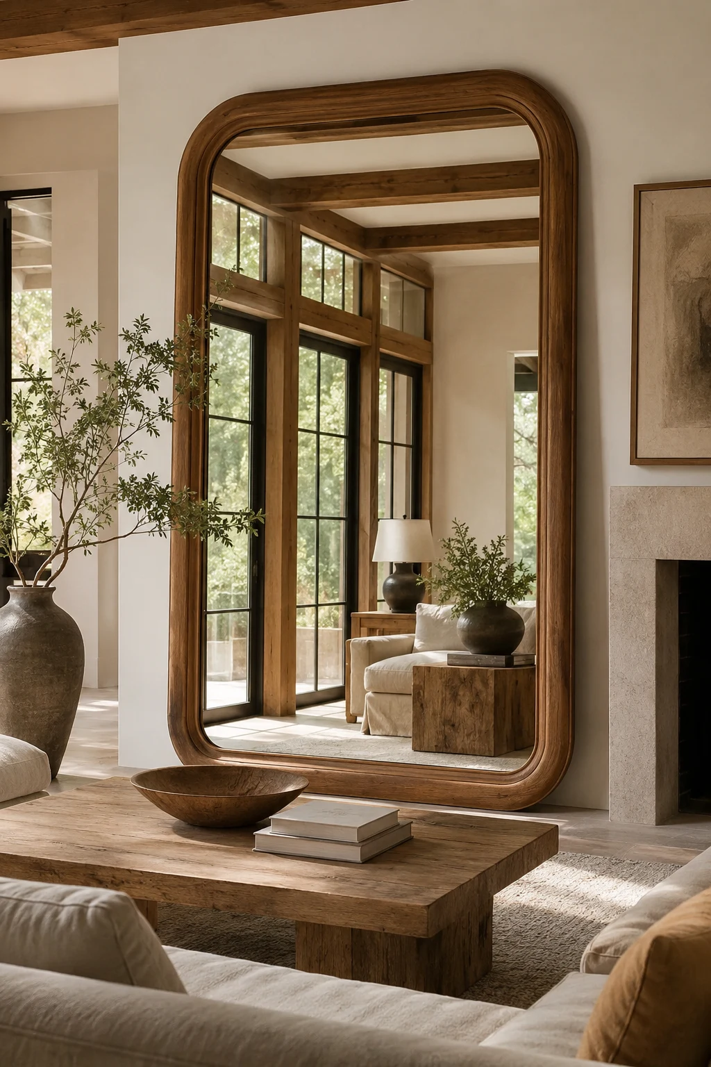 Add Warmth with Natural Wood Frames — big mirror in living room