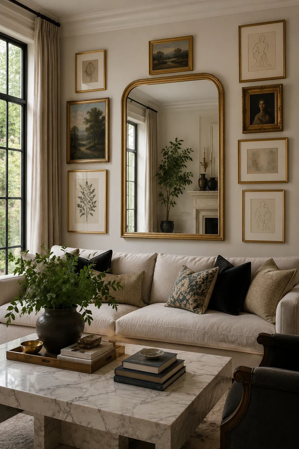 Build a Luxury Gallery Wall Around the Mirror — big mirror in living room
