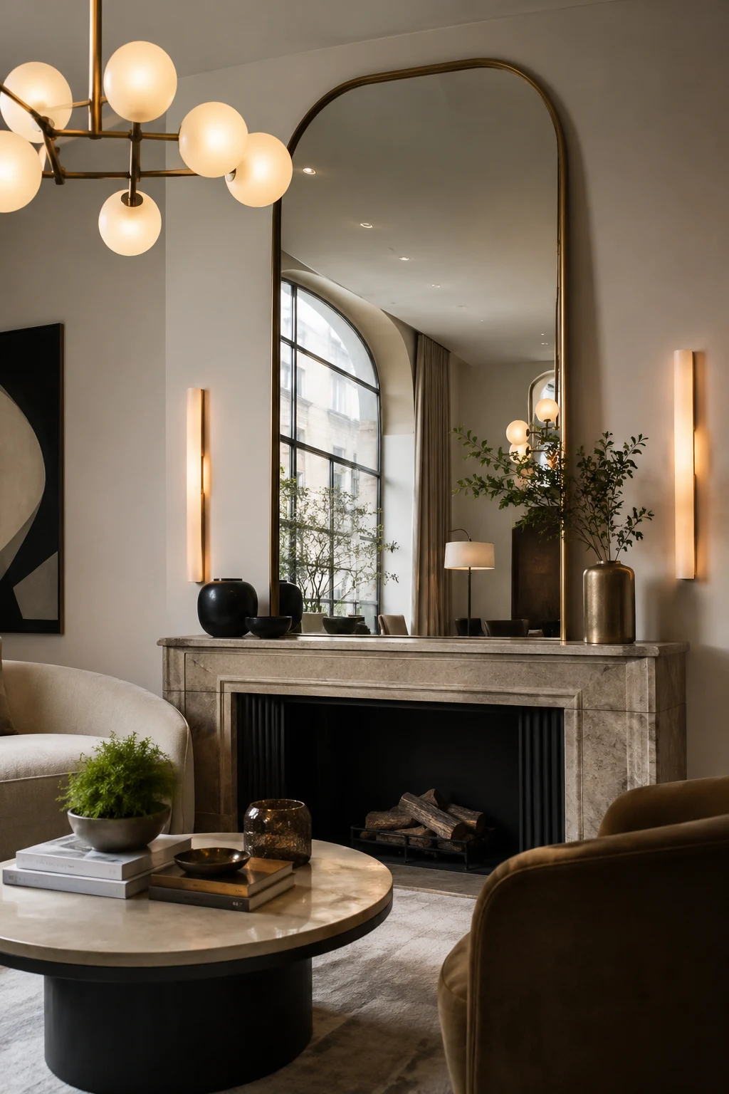 Pair a Big Mirror in Living Room with Modern Lighting — big mirror in living room