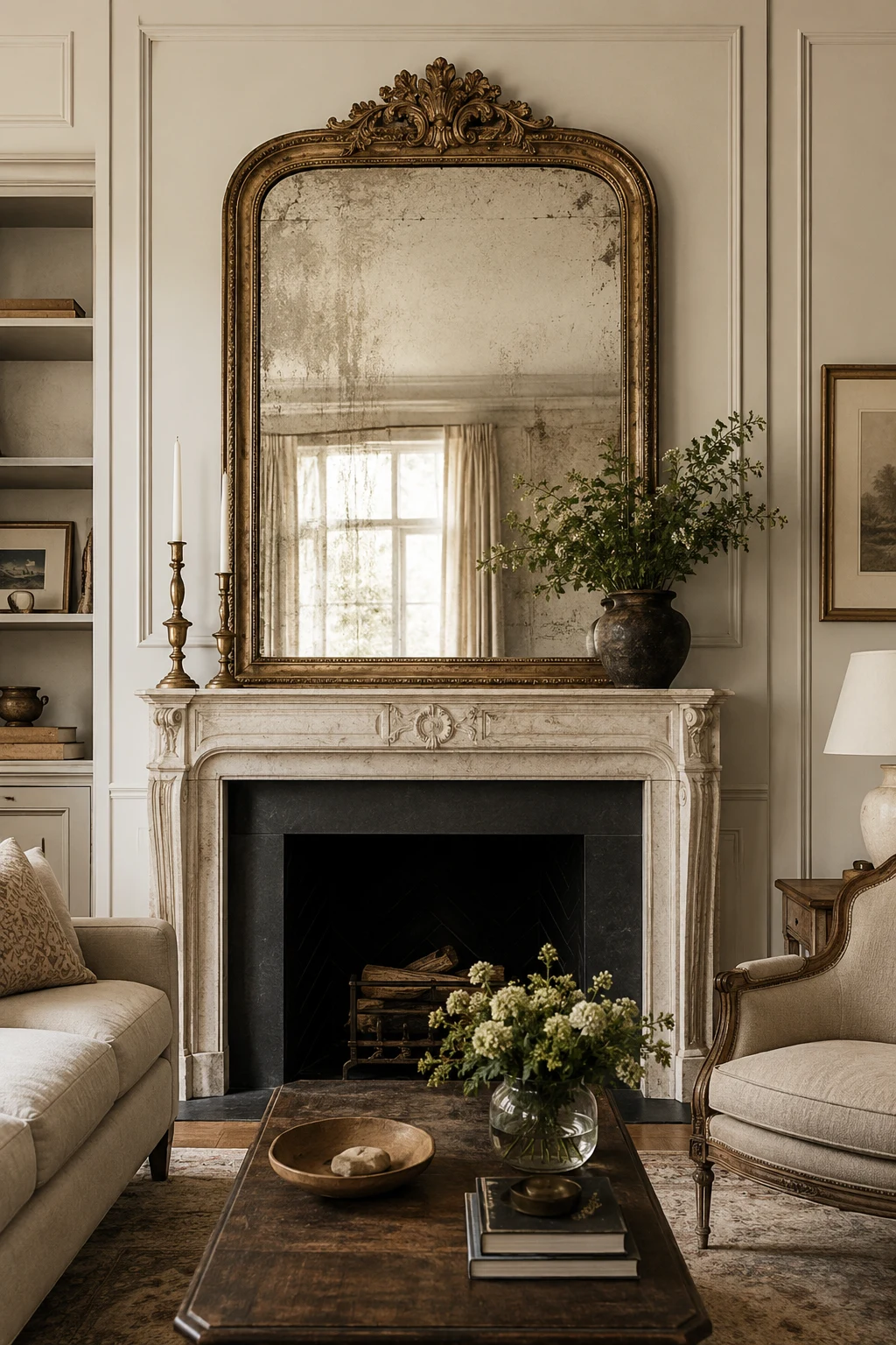 Make a Big Vintage Mirror the Star Above the Fireplace β big vintage mirror