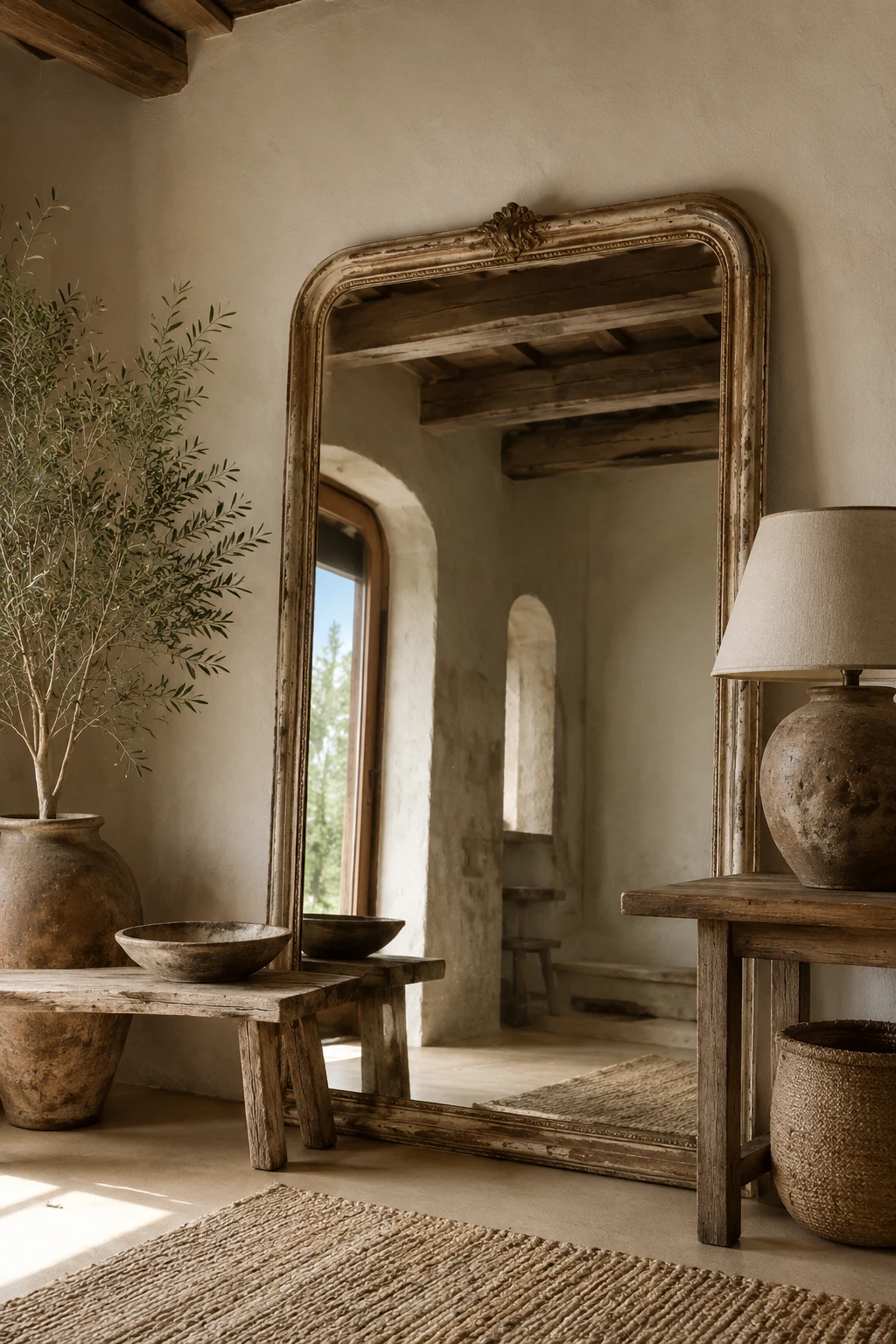 Pair a Big Vintage Mirror with Rustic Natural Materials β big vintage mirror