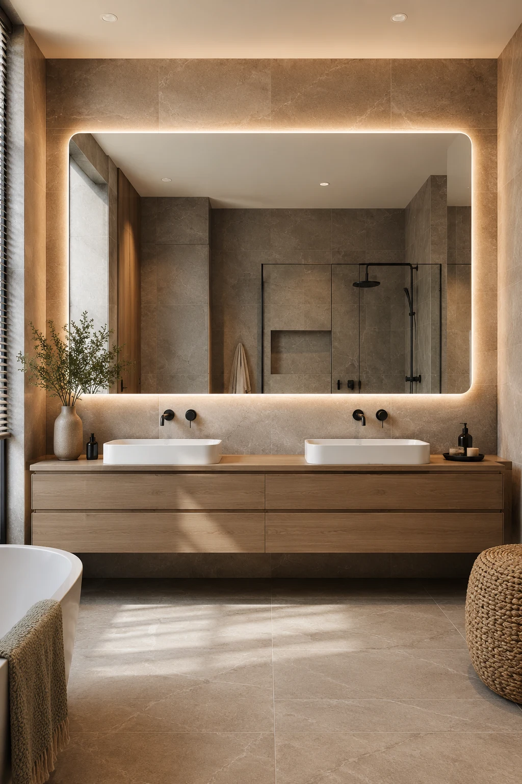 Install an Oversized LED Bathroom Mirror Above a Floating Vanity — led bathroom mirror