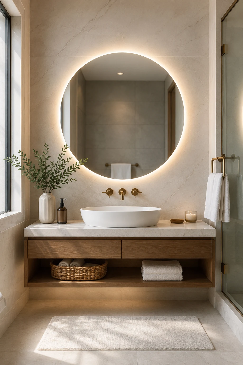 Add a Round LED Mirror Bathroom Feature for Softer Style β led mirror bathroom