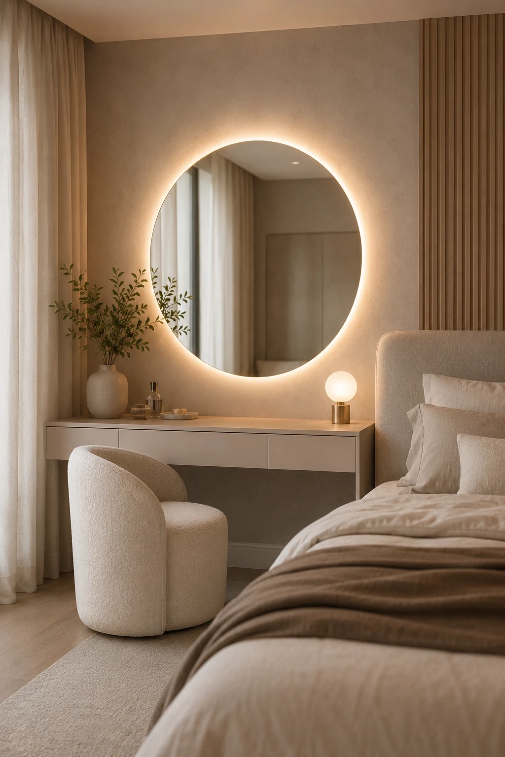 Use a Round LED Mirror Bedroom Design for Softer Lines — led mirror bedroom