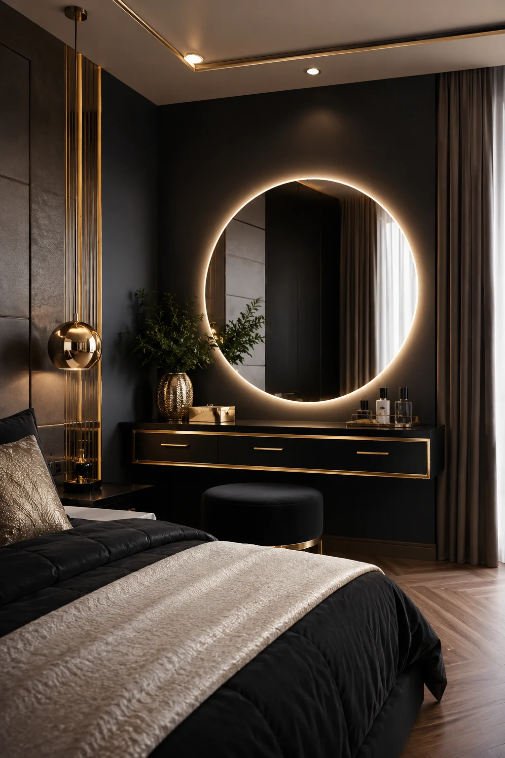 Add Luxury with Black and Gold Contrast — led mirror bedroom