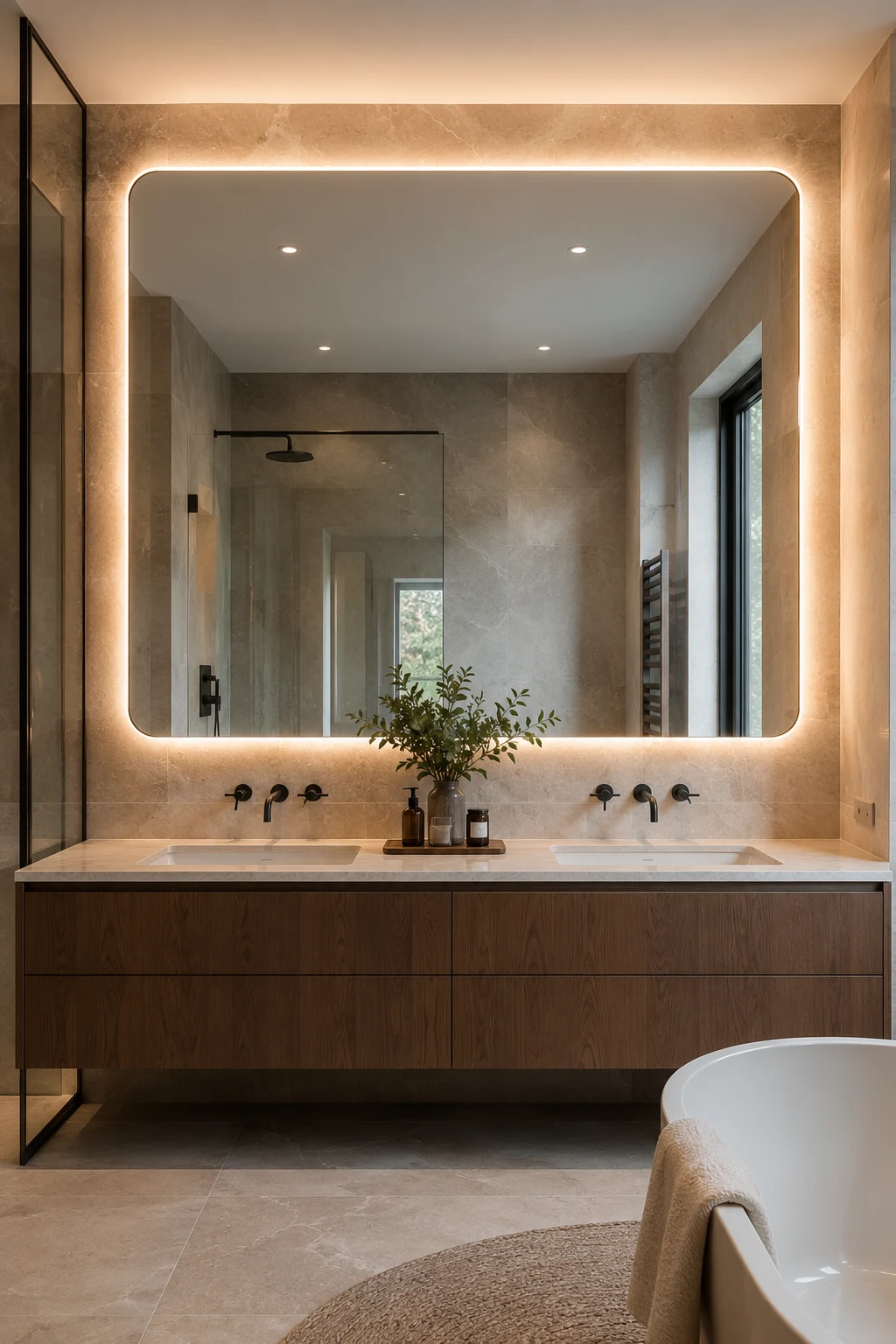 Install an Oversized Mirror with LED Lights Above a Double Vanity — mirror with led lights