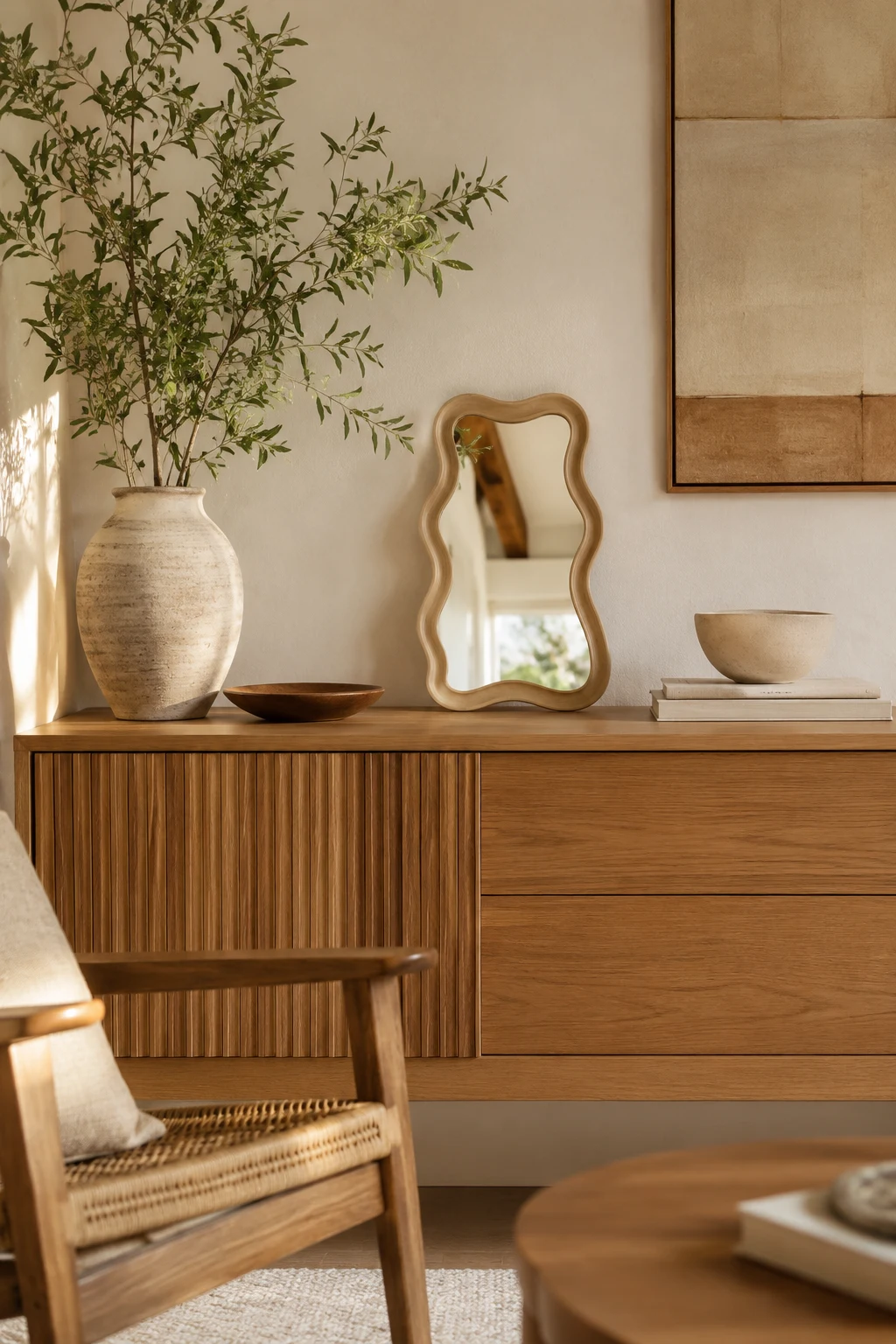 Pair a Small Wavy Mirror with Natural Wood Accents — small wavy mirror