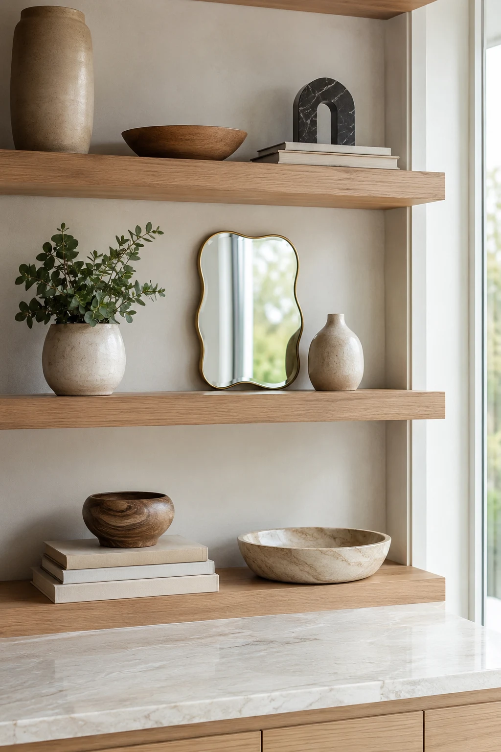 Decorate Open Shelving with a Small Wavy Mirror — small wavy mirror
