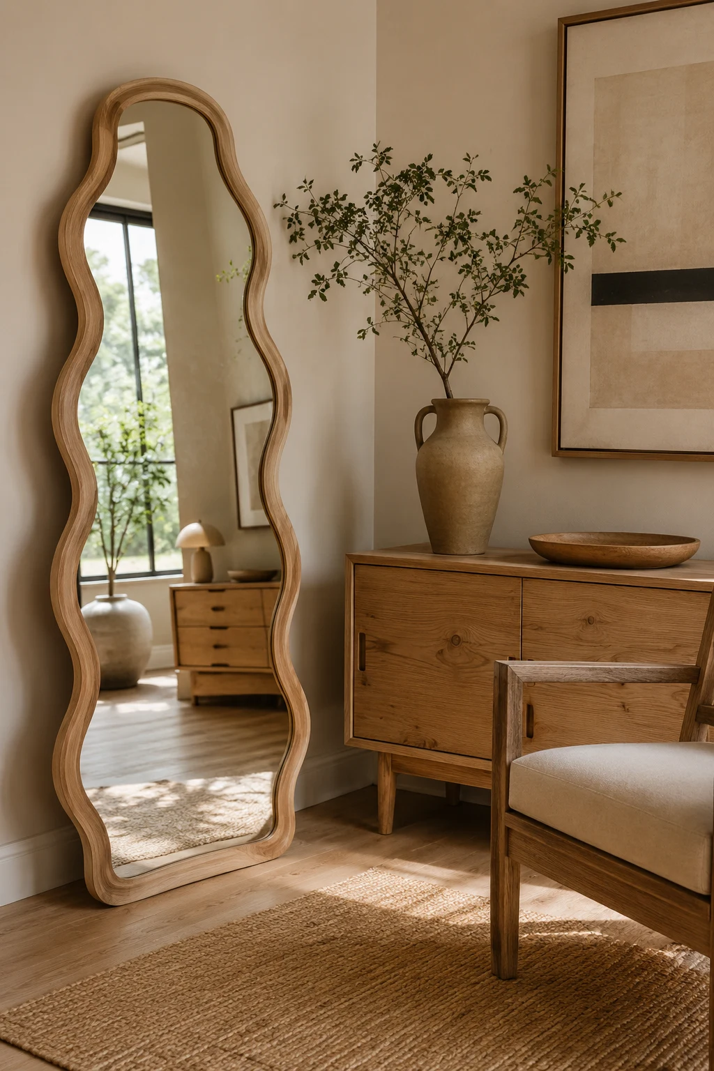 Pair a Wavy Floor Mirror with Natural Wood Furniture — wavy floor mirror