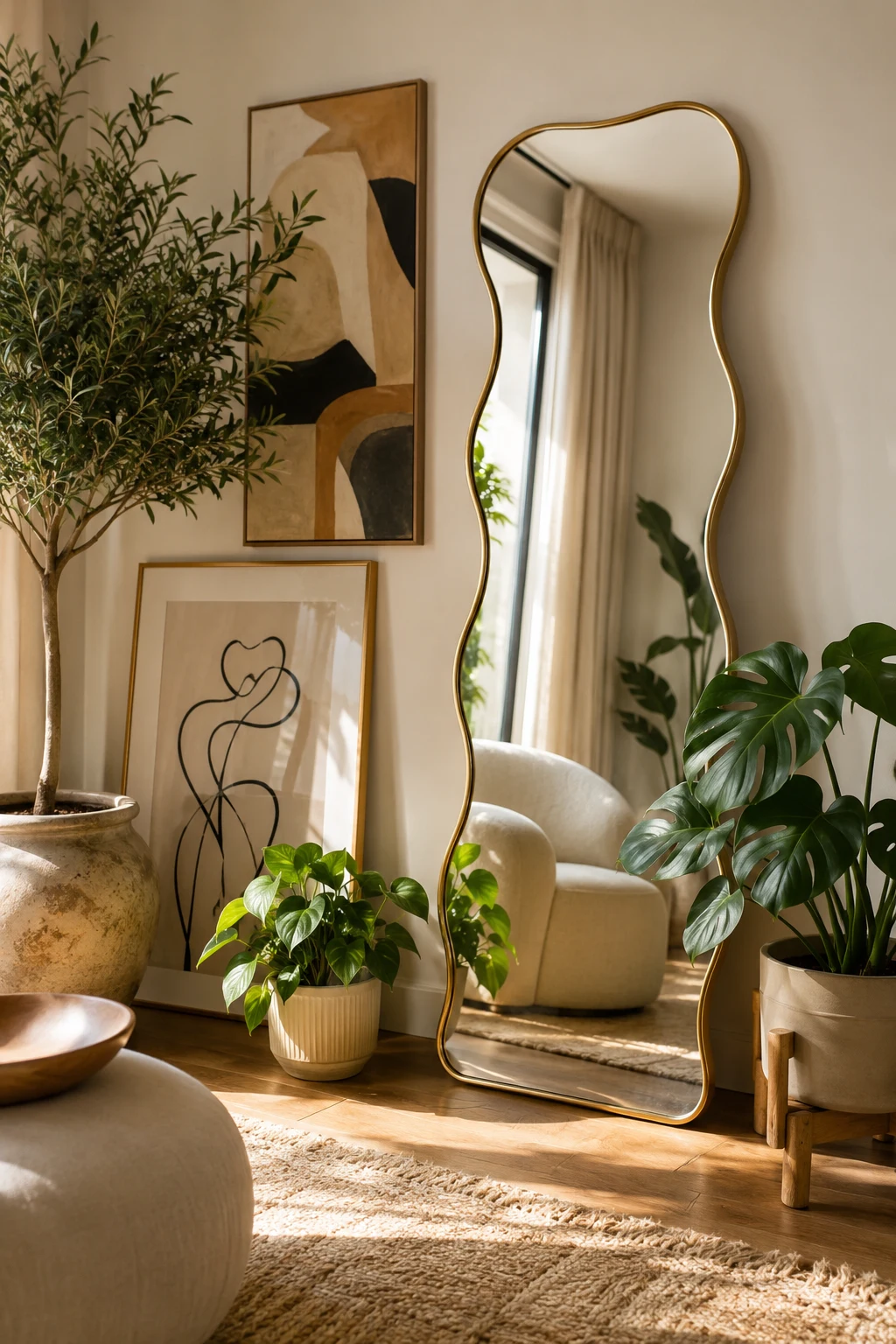 Layer a Wavy Floor Mirror with Plants and Artwork — wavy floor mirror