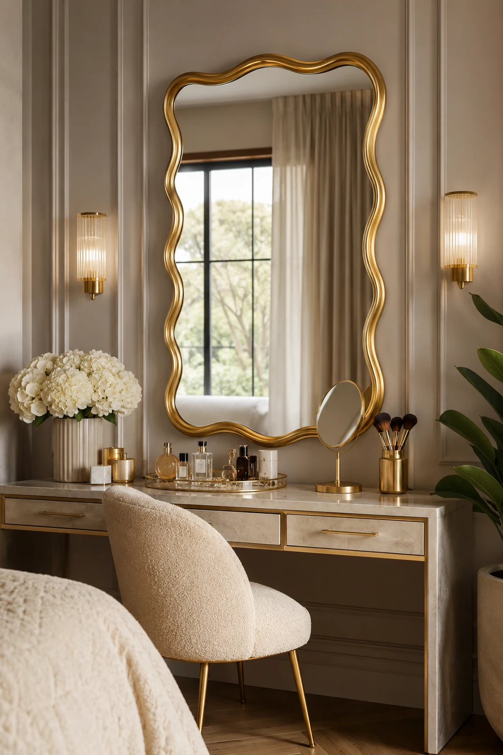 Create a Luxe Bedroom Vanity with a Wavy Gold Mirror β wavy gold mirror