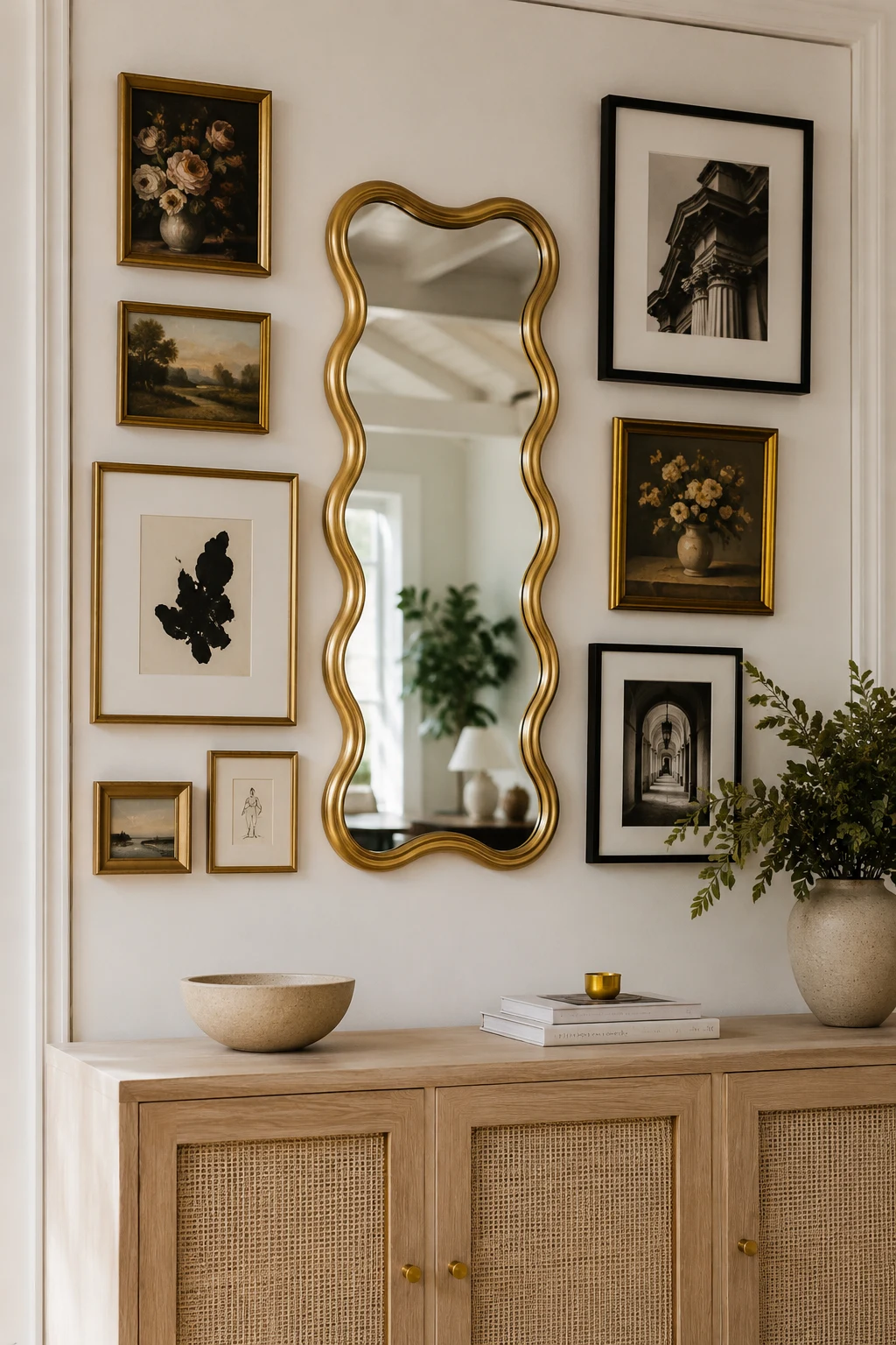 Design a Gallery Wall Around a Wavy Gold Mirror β wavy gold mirror