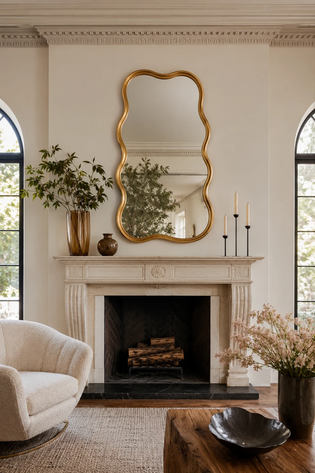 Add Drama Above a Fireplace with a Wavy Gold Mirror β wavy gold mirror