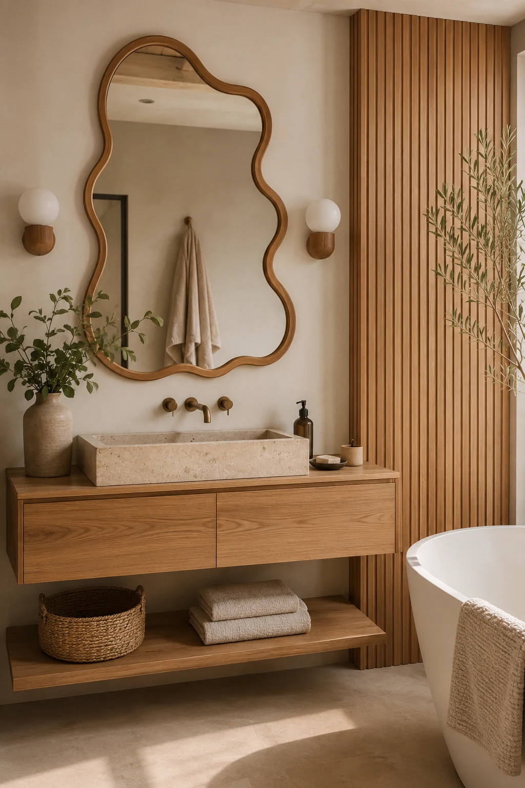 Add Warm Wood for Organic Style in a Wavy Mirror Bathroom — wavy mirror bathroom