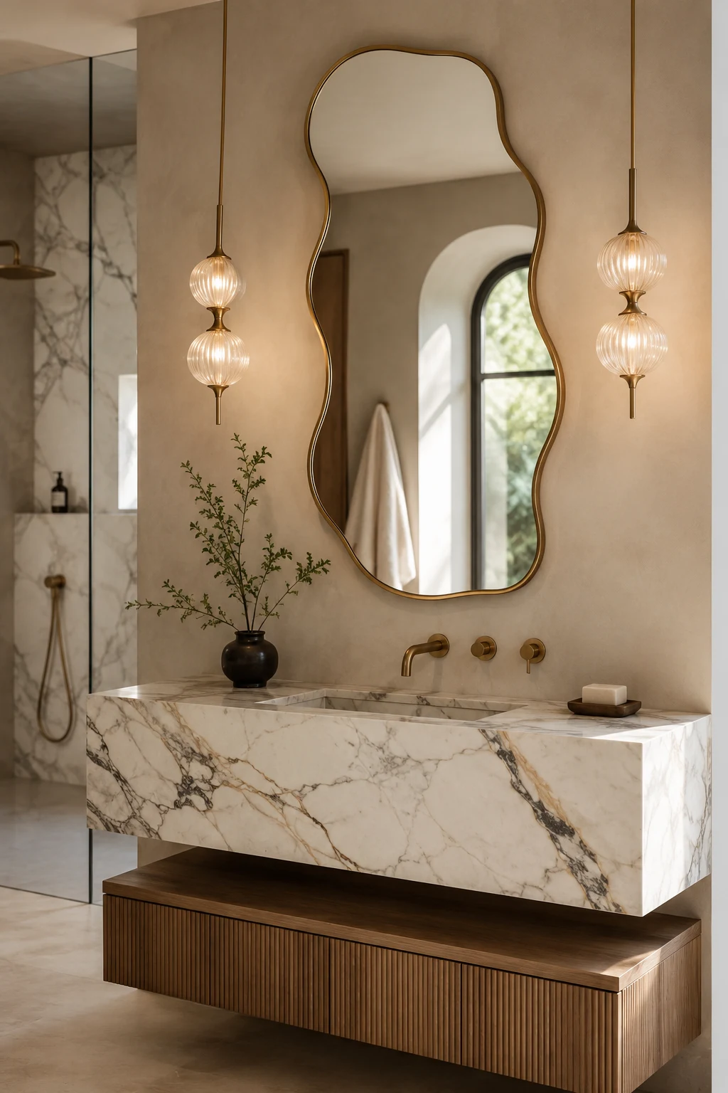 Pair a Wavy Mirror Bathroom with Statement Lighting — wavy mirror bathroom