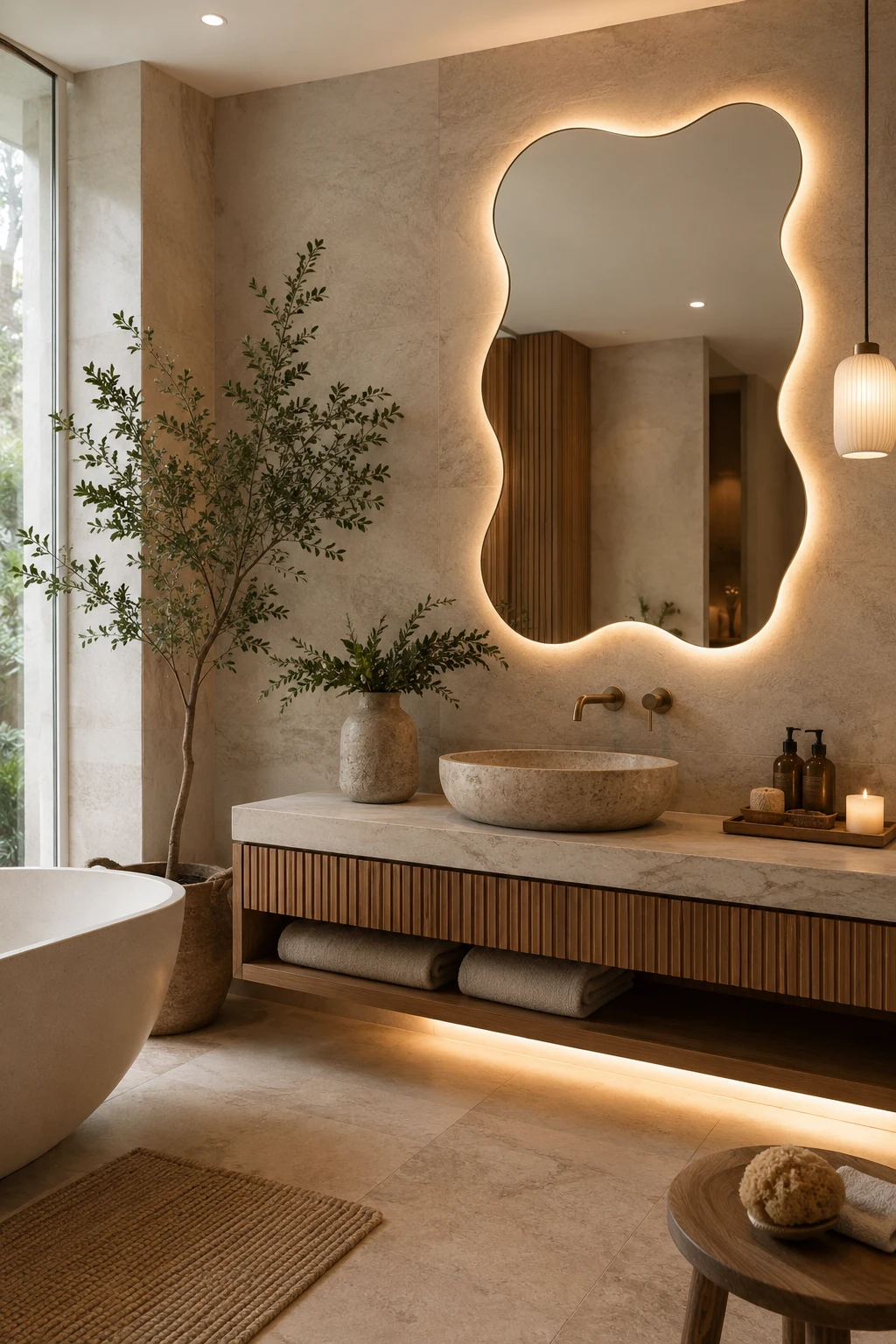 Style a Spa-Inspired Wavy Mirror Bathroom — wavy mirror bathroom