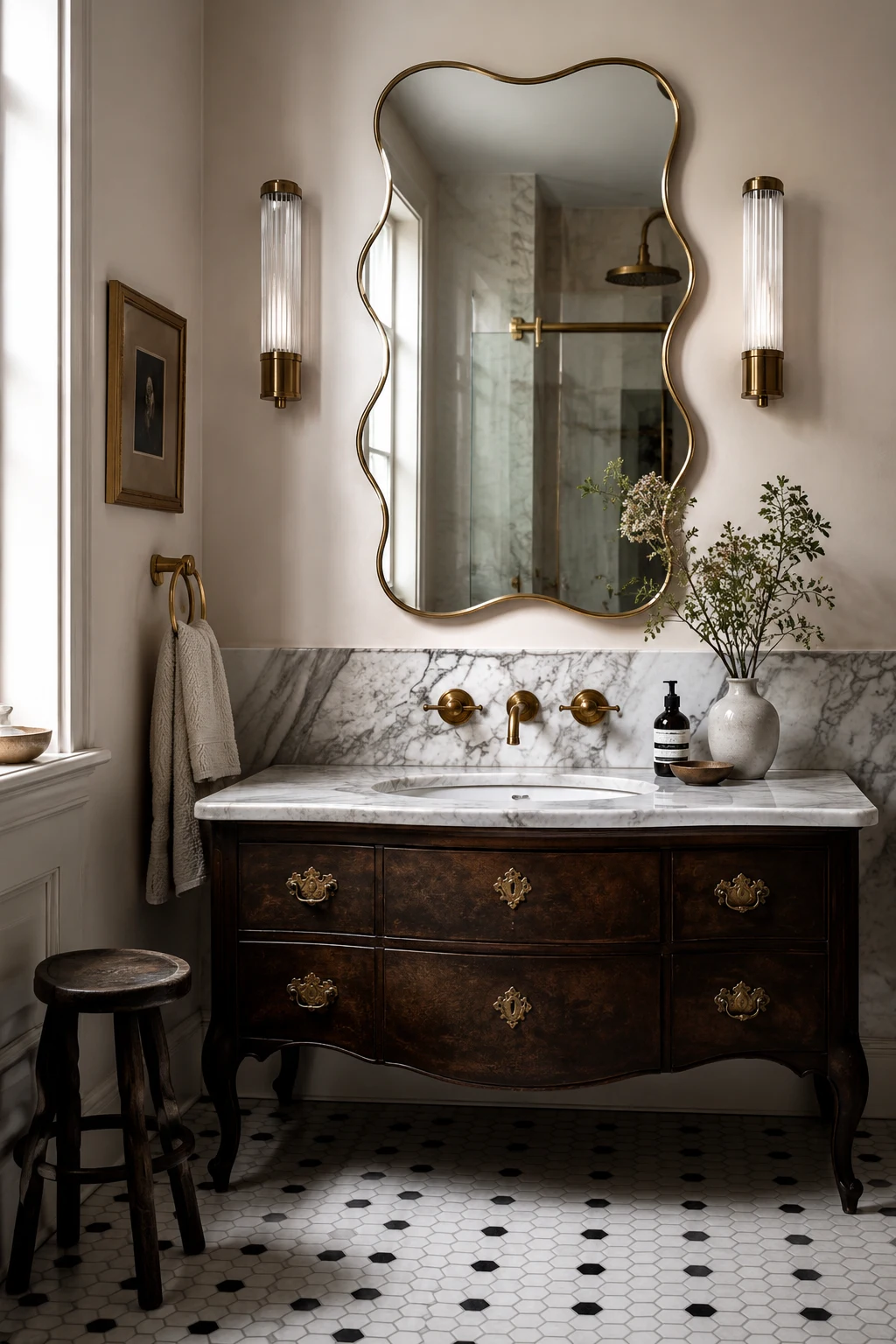 Mix Vintage and Contemporary Elements — wavy mirror bathroom