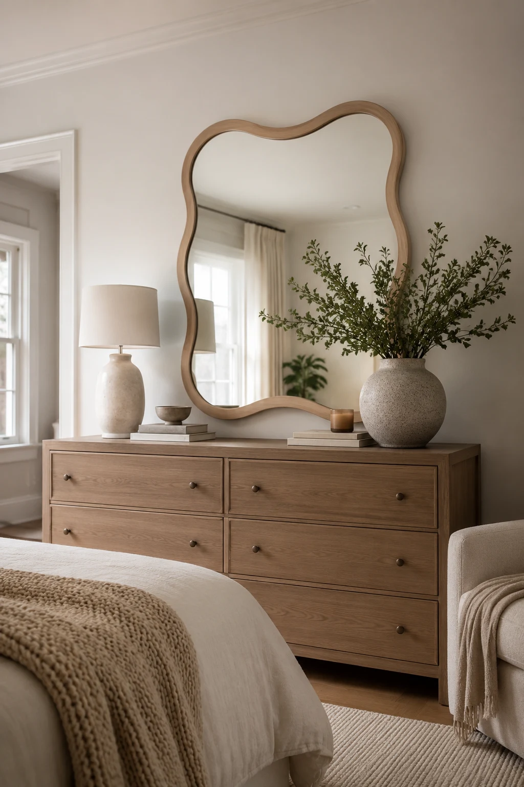 Create a Statement Wavy Mirror Bedroom Above the Dresser β wavy mirror bedroom