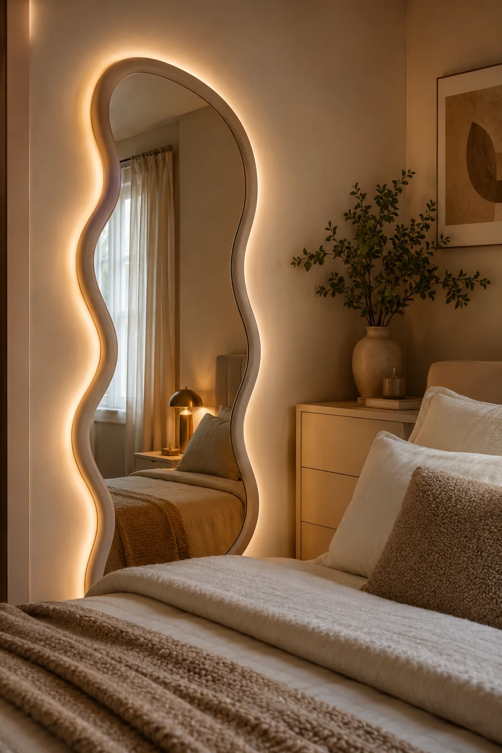 Add Warm LED Lighting Around Your Wavy Mirror Bedroom β wavy mirror bedroom