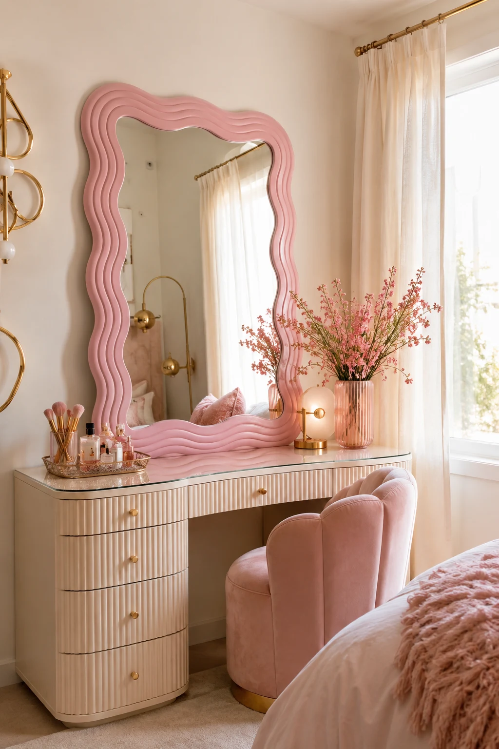 Create a Dreamy Bedroom Vanity with a Wavy Pink Mirror — wavy pink mirror